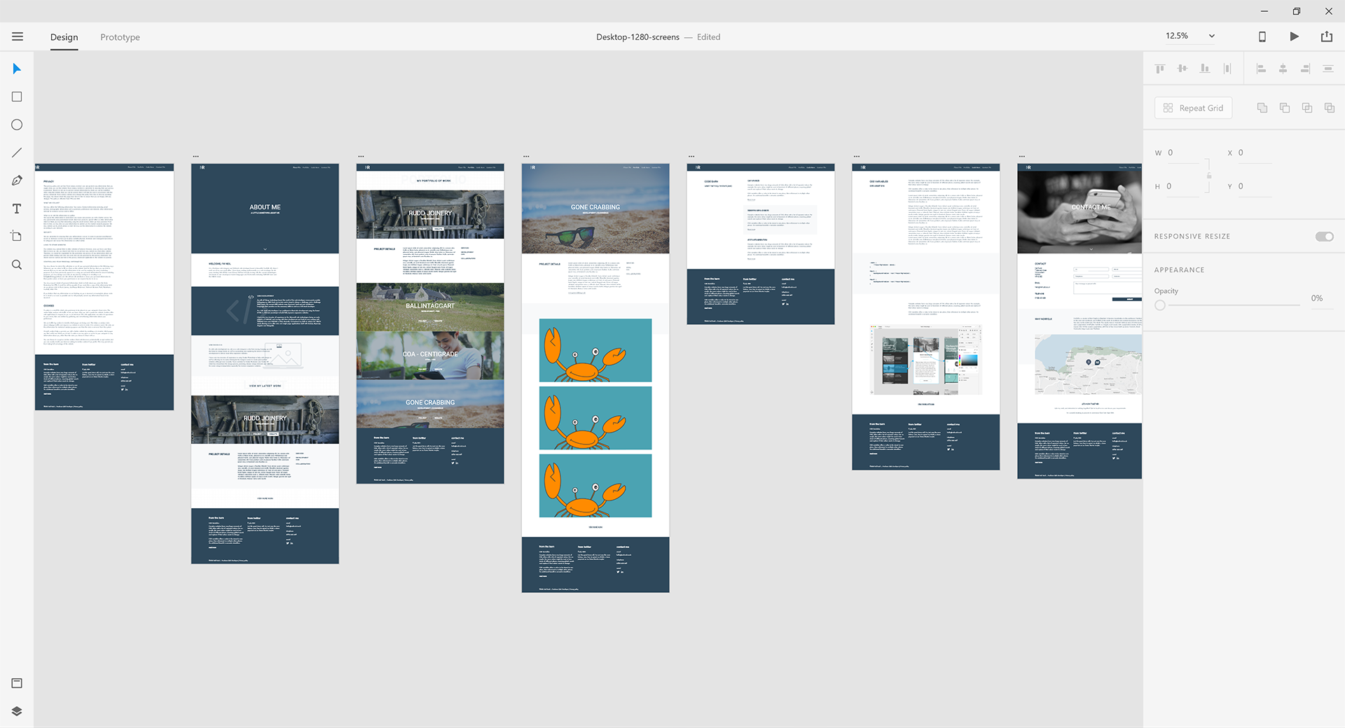 Screen shot of Adobe XD showing the other content pages that will be required